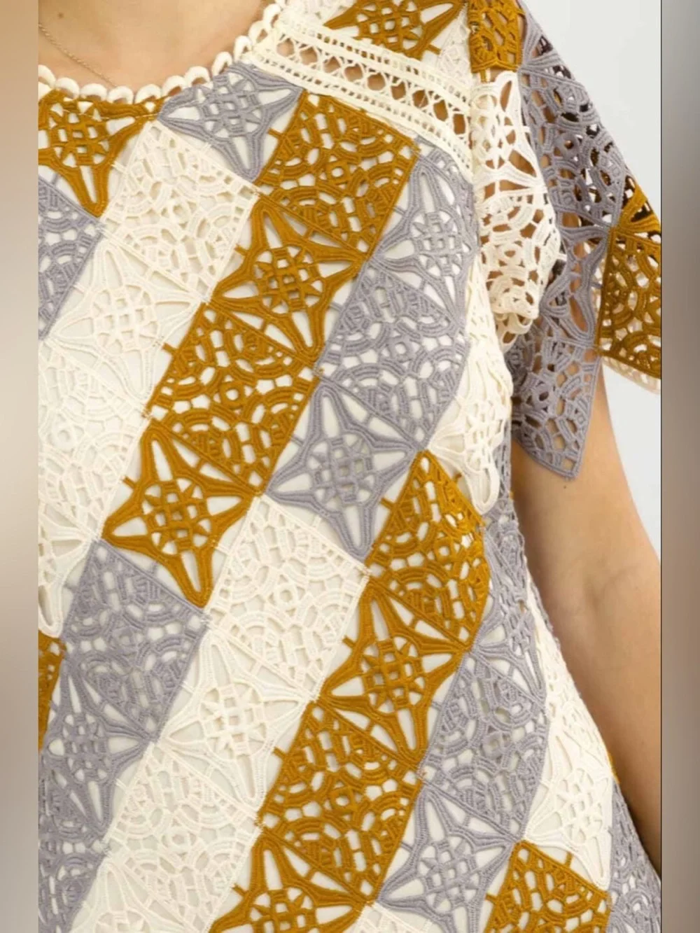 Chevron Lace Mini Dress in Mustard, Gray, and Cream - Picture 3 of 6